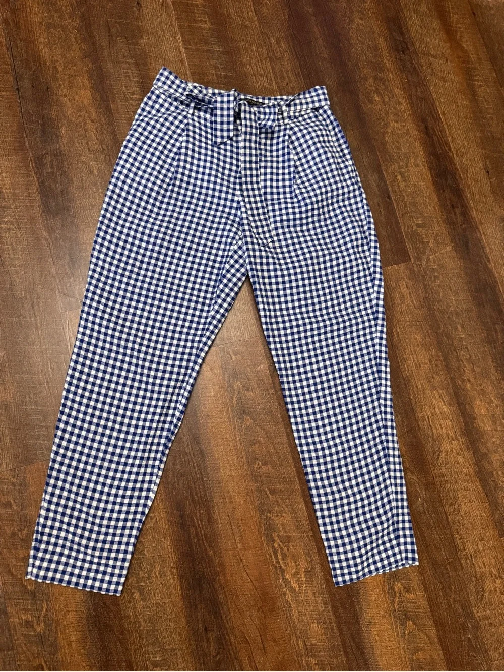 Banana Republic Blue Gingham Paperbag Tie Waist Ankle Pants Size 2 Linen Cotton